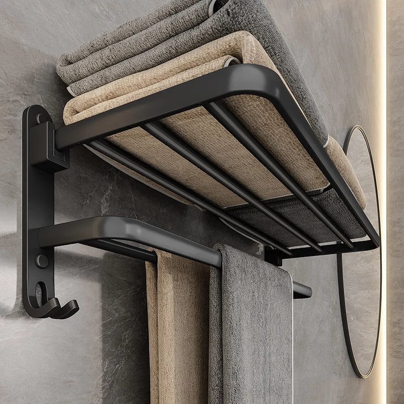 Folding Towel Rack with Dual Bars and Hook