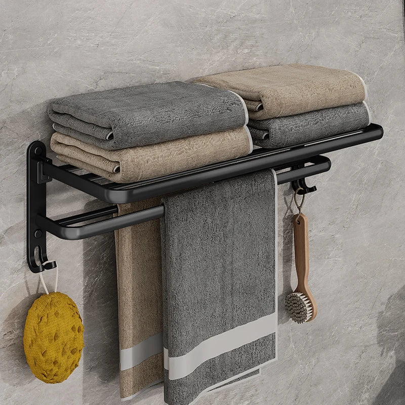 Folding Towel Rack with Dual Bars and Hook