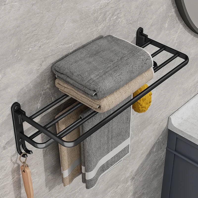 Folding Towel Rack with Dual Bars and Hook