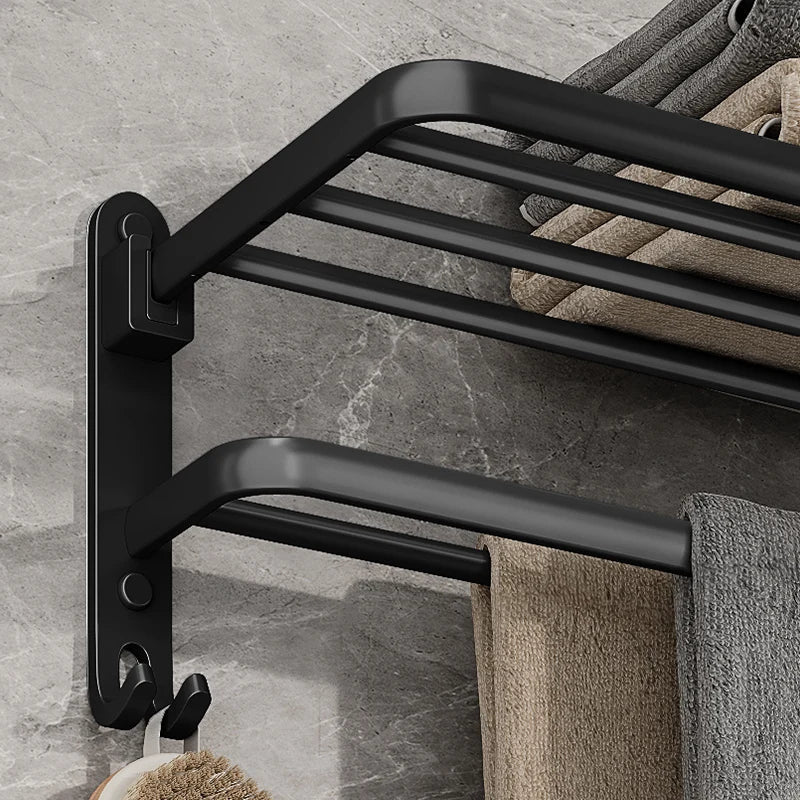 Folding Towel Rack with Dual Bars and Hook