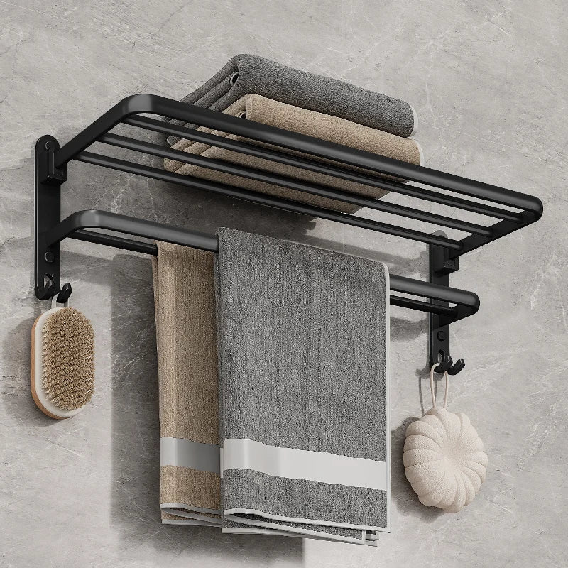 Folding Towel Rack with Dual Bars and Hook