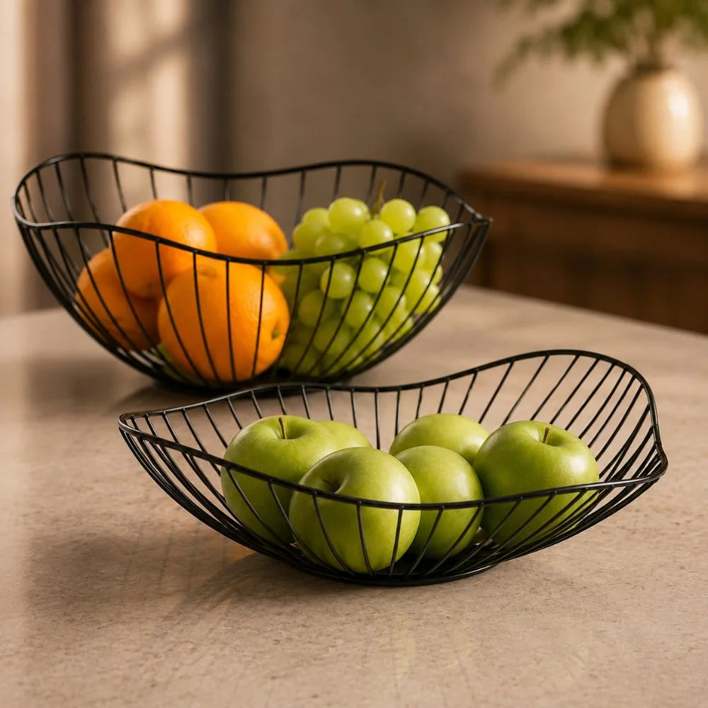 Metal wire fruit basket set - round and oval kitchen storage bowl