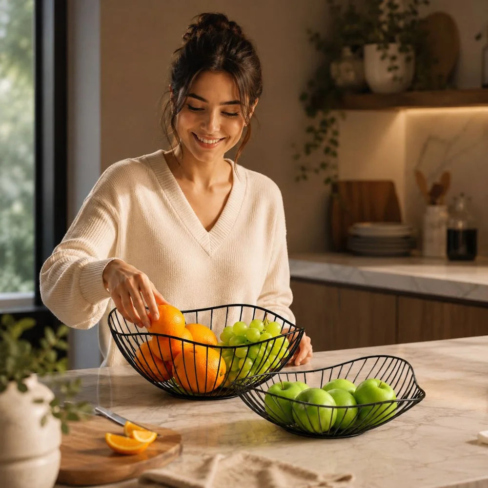 Metal wire fruit basket set - round and oval kitchen storage bowl - view 3