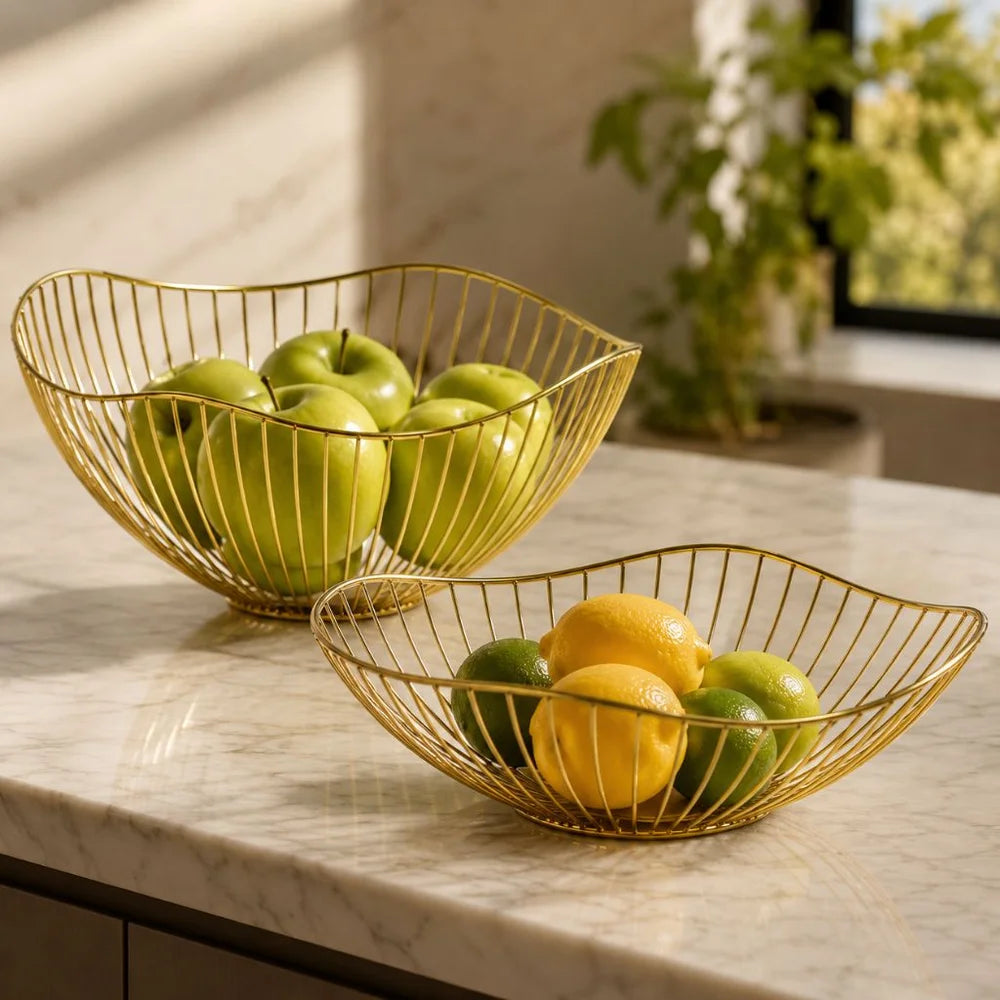 Metal wire fruit basket set - round and oval kitchen storage bowl - view 12