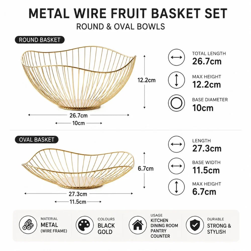 Metal wire fruit basket set - round and oval kitchen storage bowl - view 13