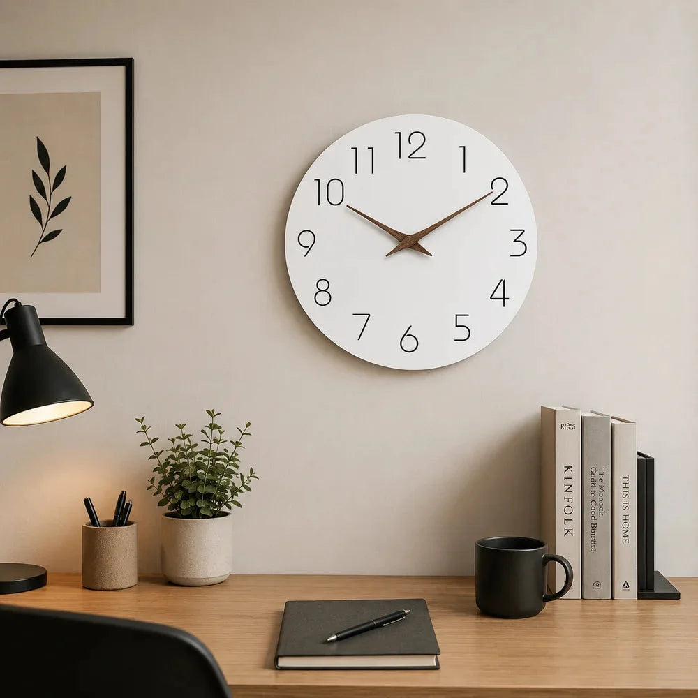 Minimalist black and white nordic wall clock with wooden hands – view 3