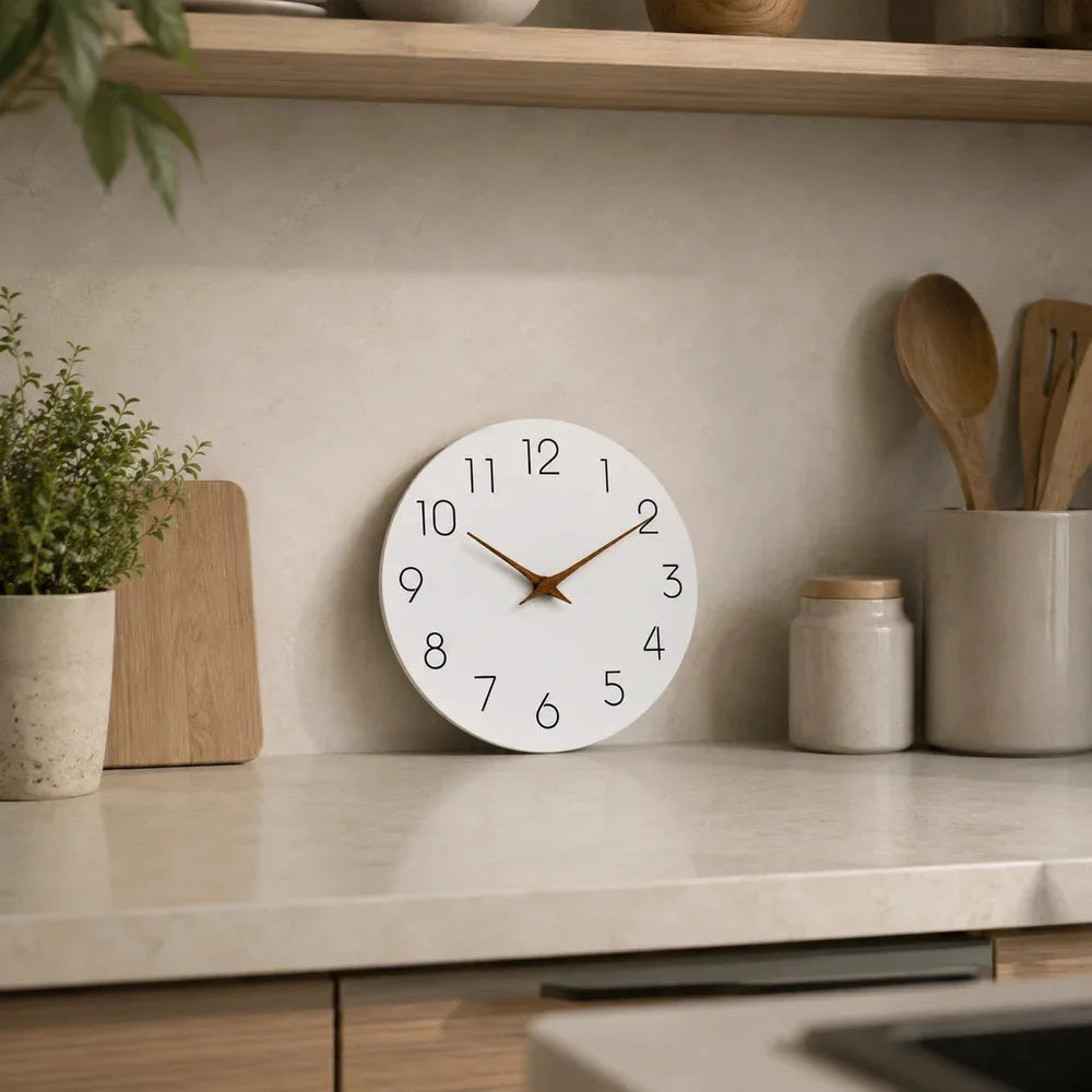 Minimalist black and white nordic wall clock with wooden hands – view 5