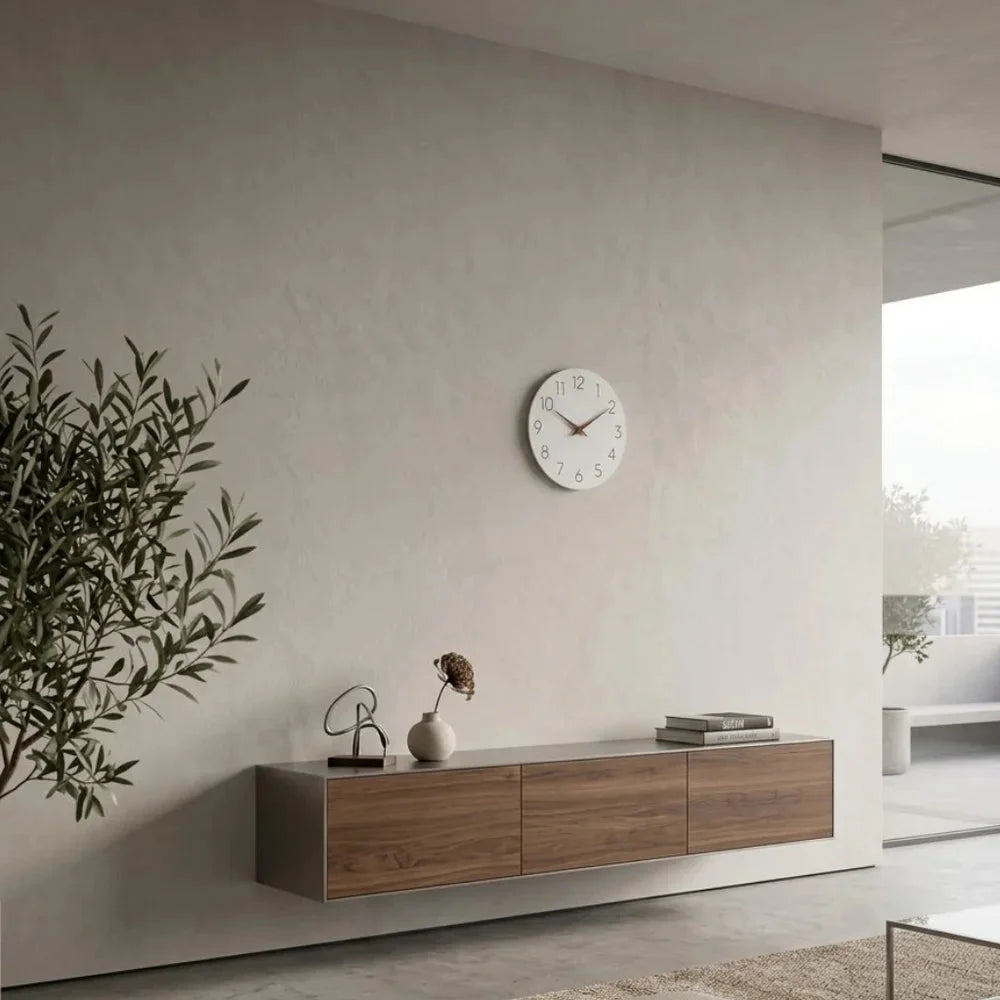 Minimalist black and white nordic wall clock with wooden hands – view 6
