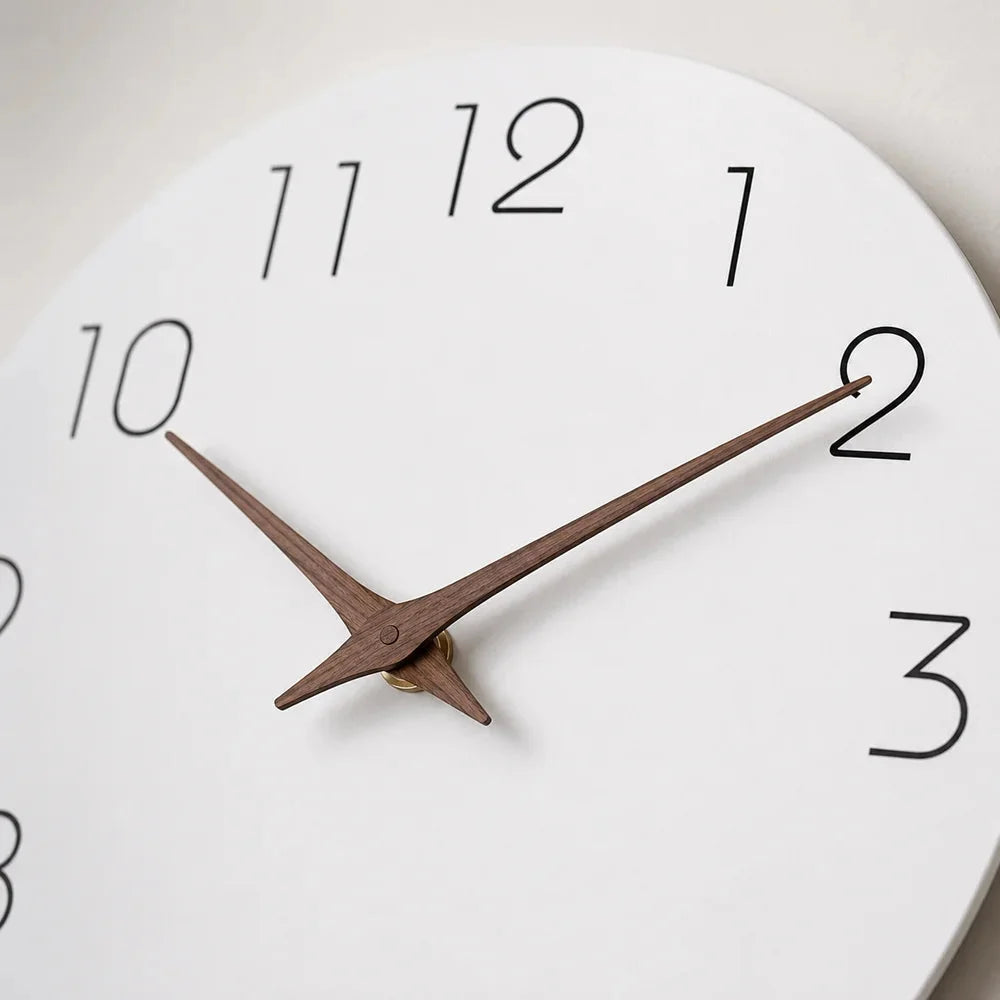 Minimalist black and white nordic wall clock with wooden hands – view 8