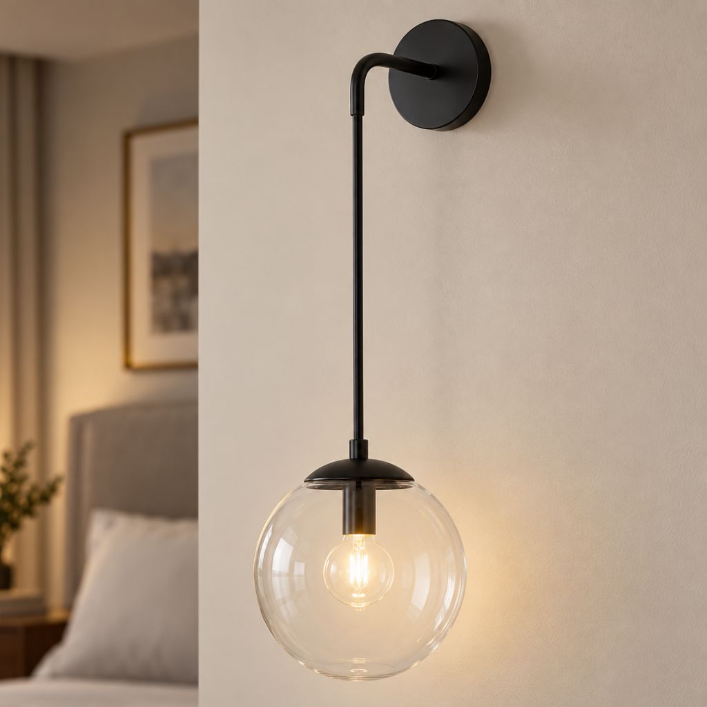 Modern Glass Globe E27 Wall Sconce with Iron Frame