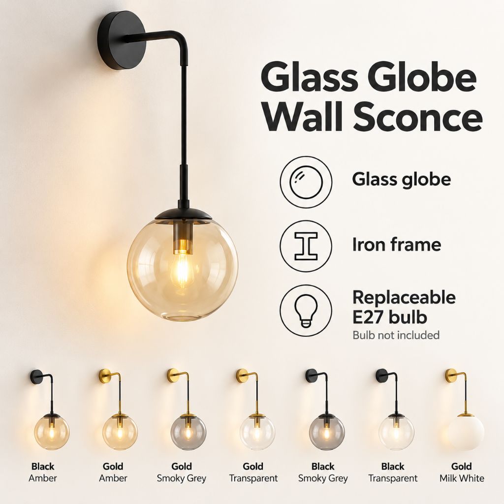 Modern Glass Globe E27 Wall Sconce with Iron Frame