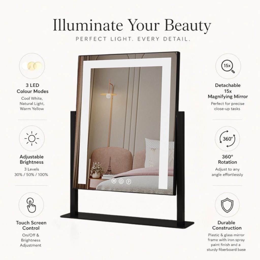 Lighted Vanity Makeup Mirror 3 Colour LED Touch Control 15x Magnifying