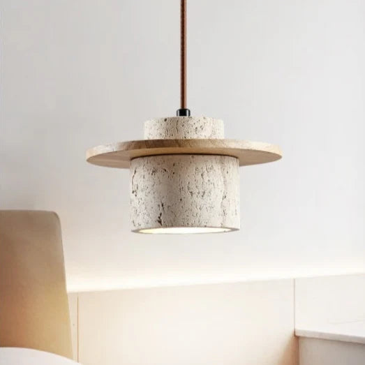 Natural Travertine Stone & Wood Hanging Light