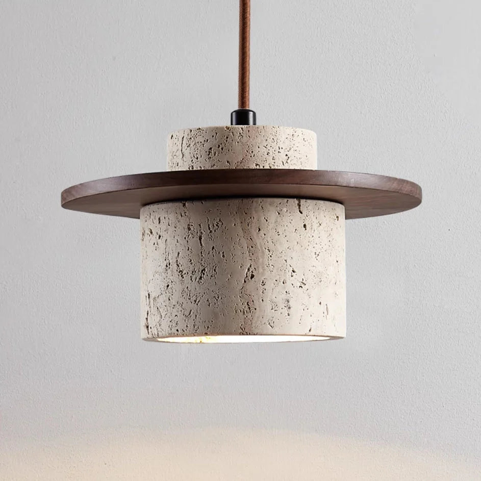 Natural Travertine Stone & Wood Hanging Light