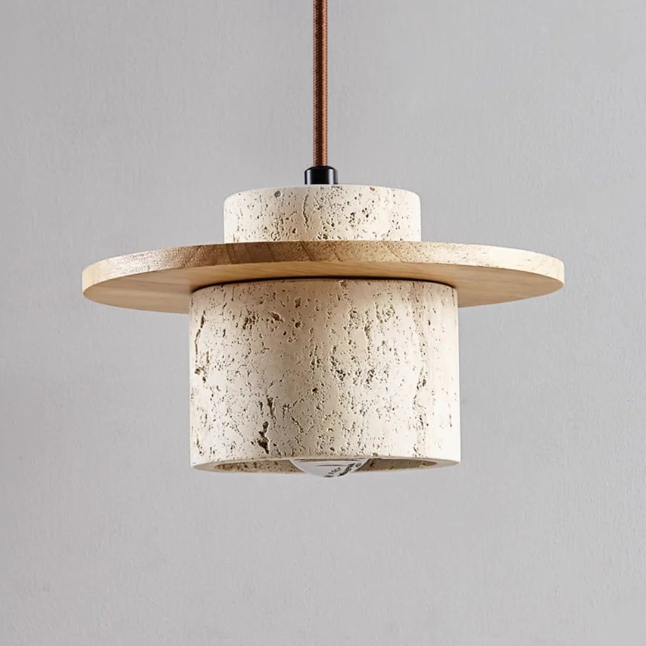 Natural Travertine Stone & Wood Hanging Light