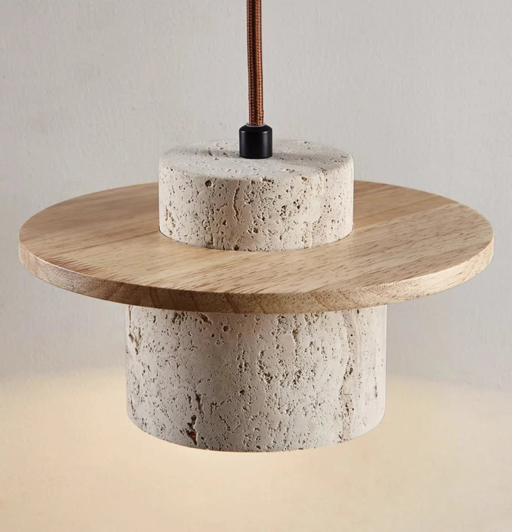 Natural Travertine Stone & Wood Hanging Light