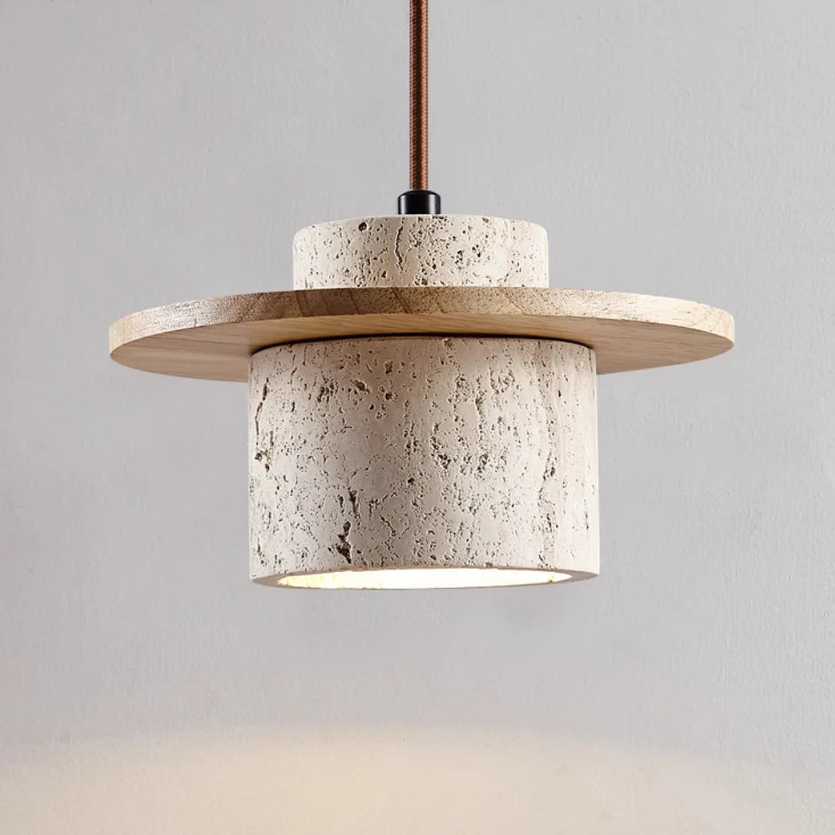 Natural Travertine Stone & Wood Hanging Light