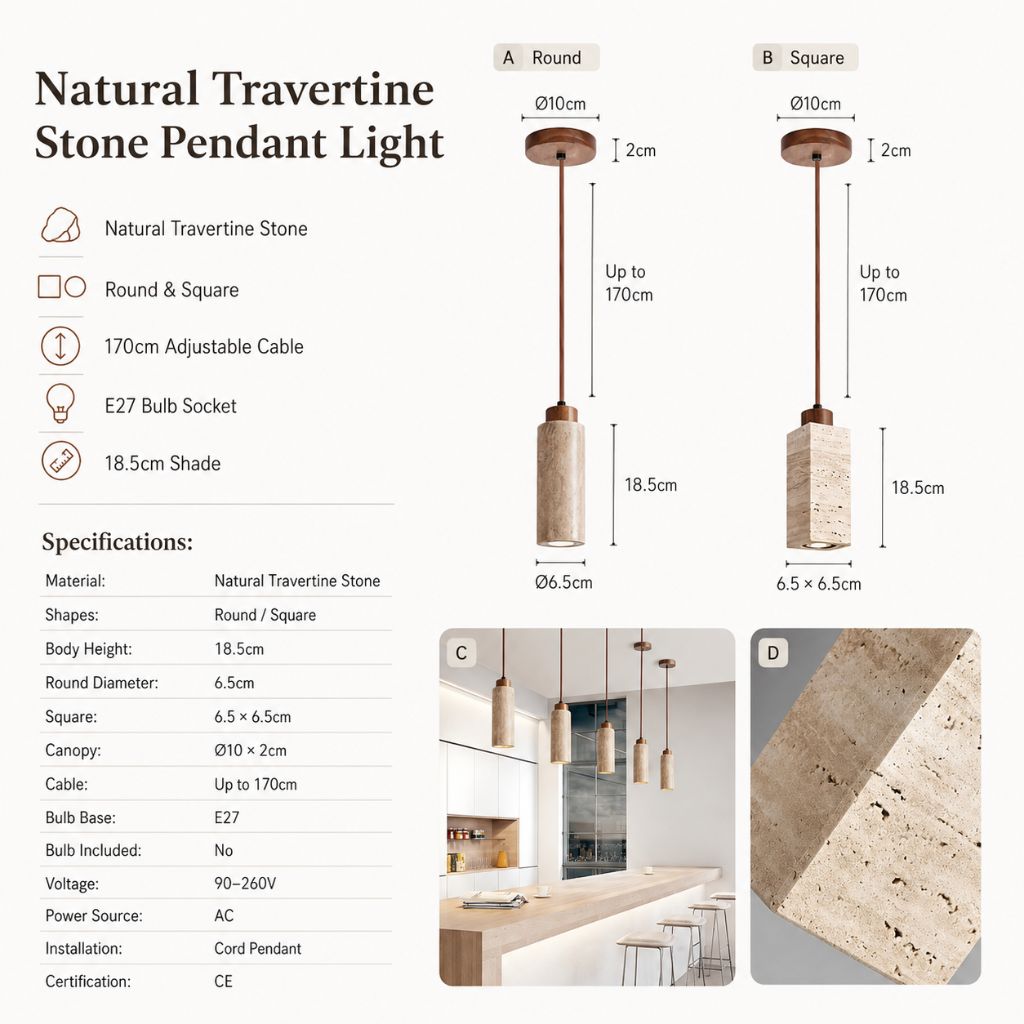 Natural Travertine Stone Pendant Light