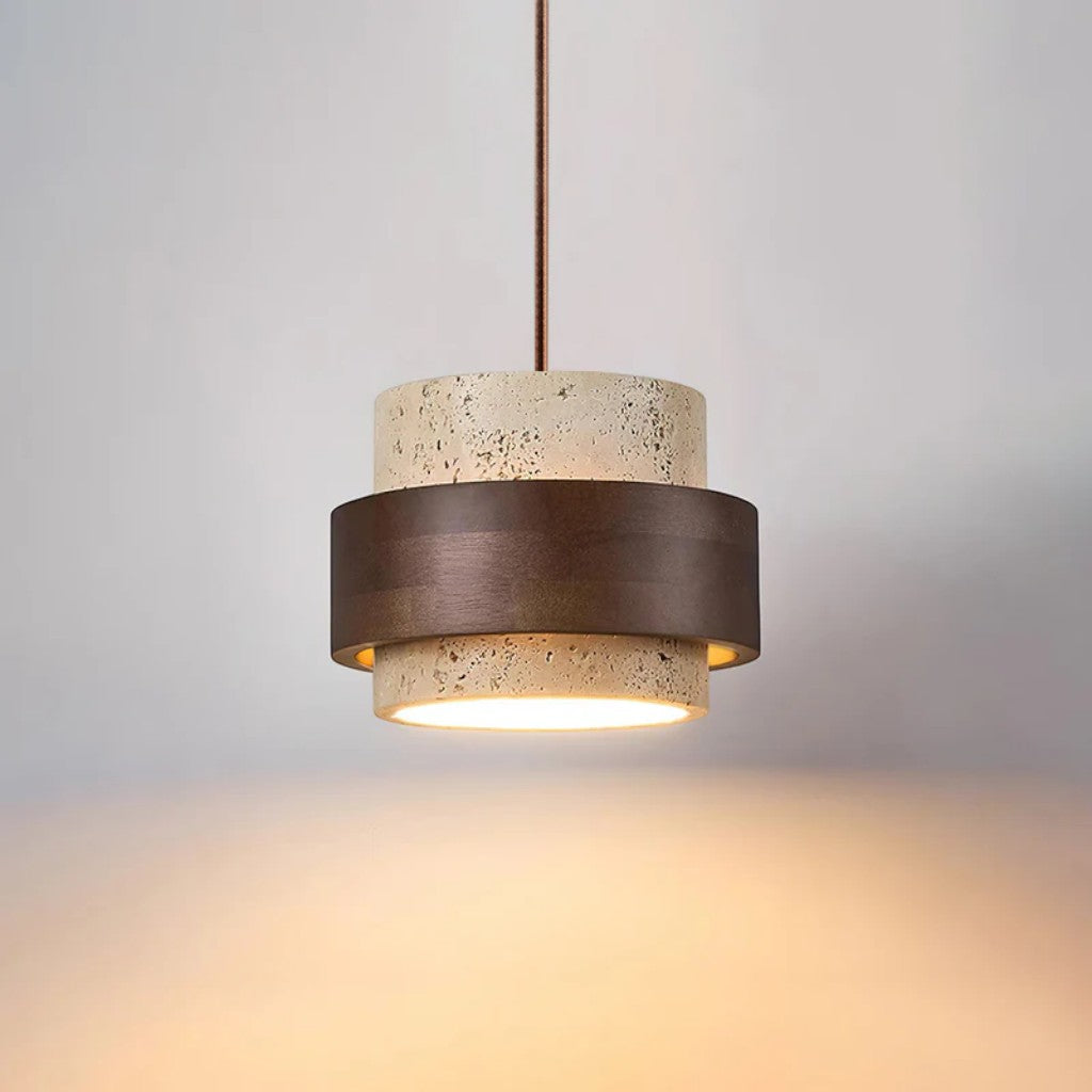Natural Travertine Stone & Walnut Pendant Light