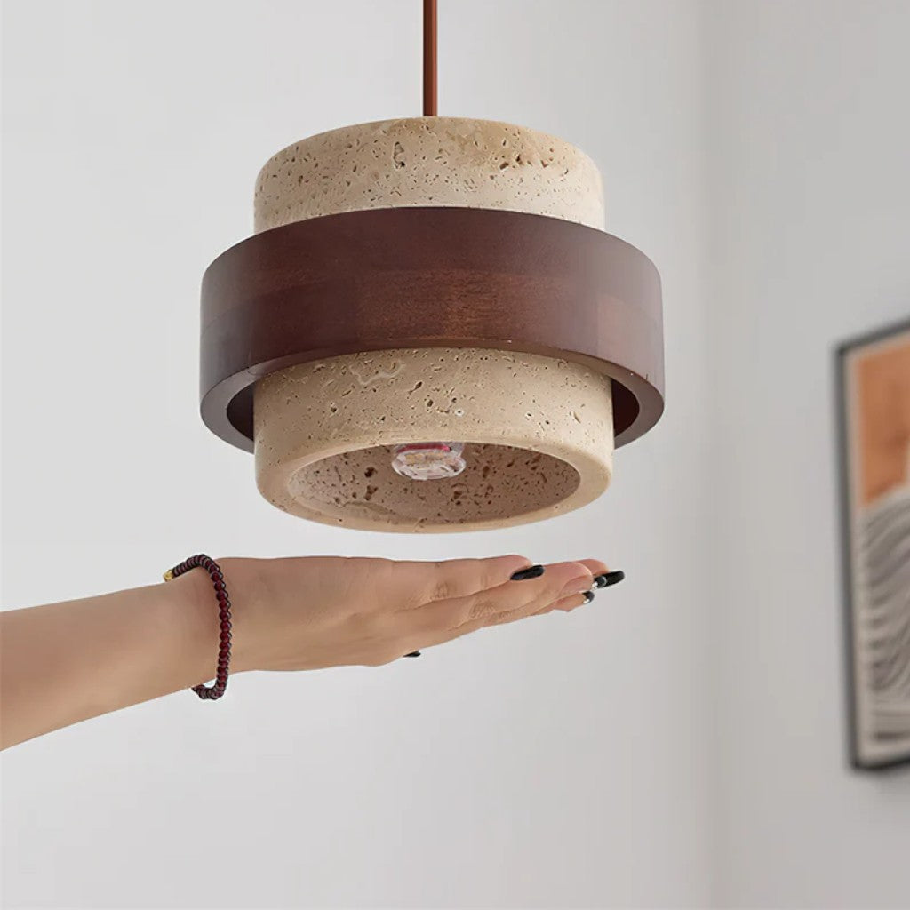 Natural Travertine Stone & Walnut Pendant Light
