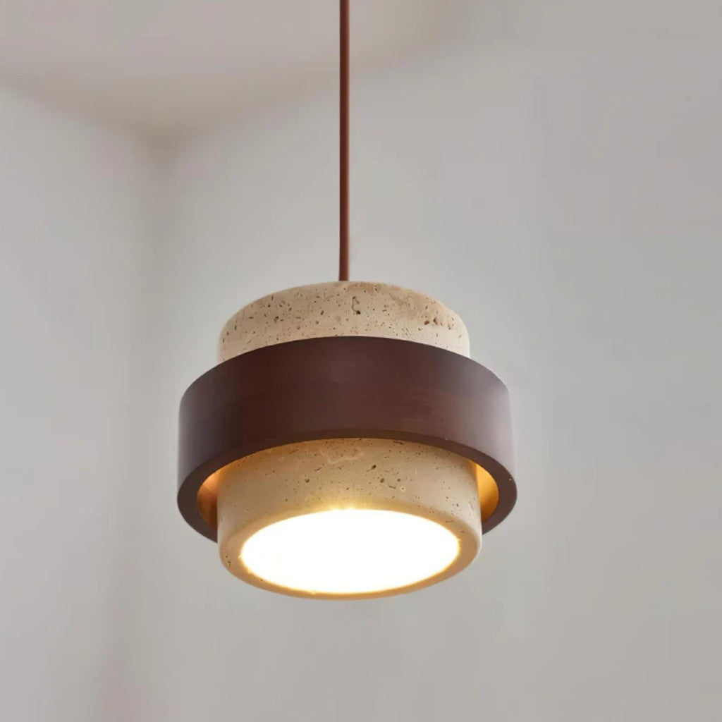 Natural Travertine Stone & Walnut Pendant Light