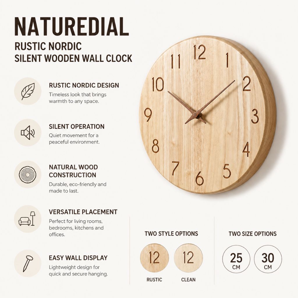 NatureDial Rustic Nordic Silent Wooden Wall Clock