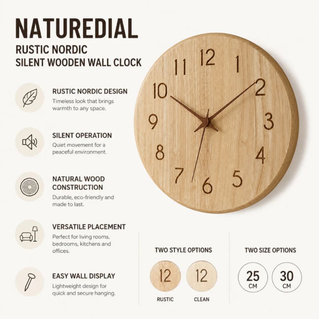 NatureDial Rustic Nordic Silent Wooden Wall Clock