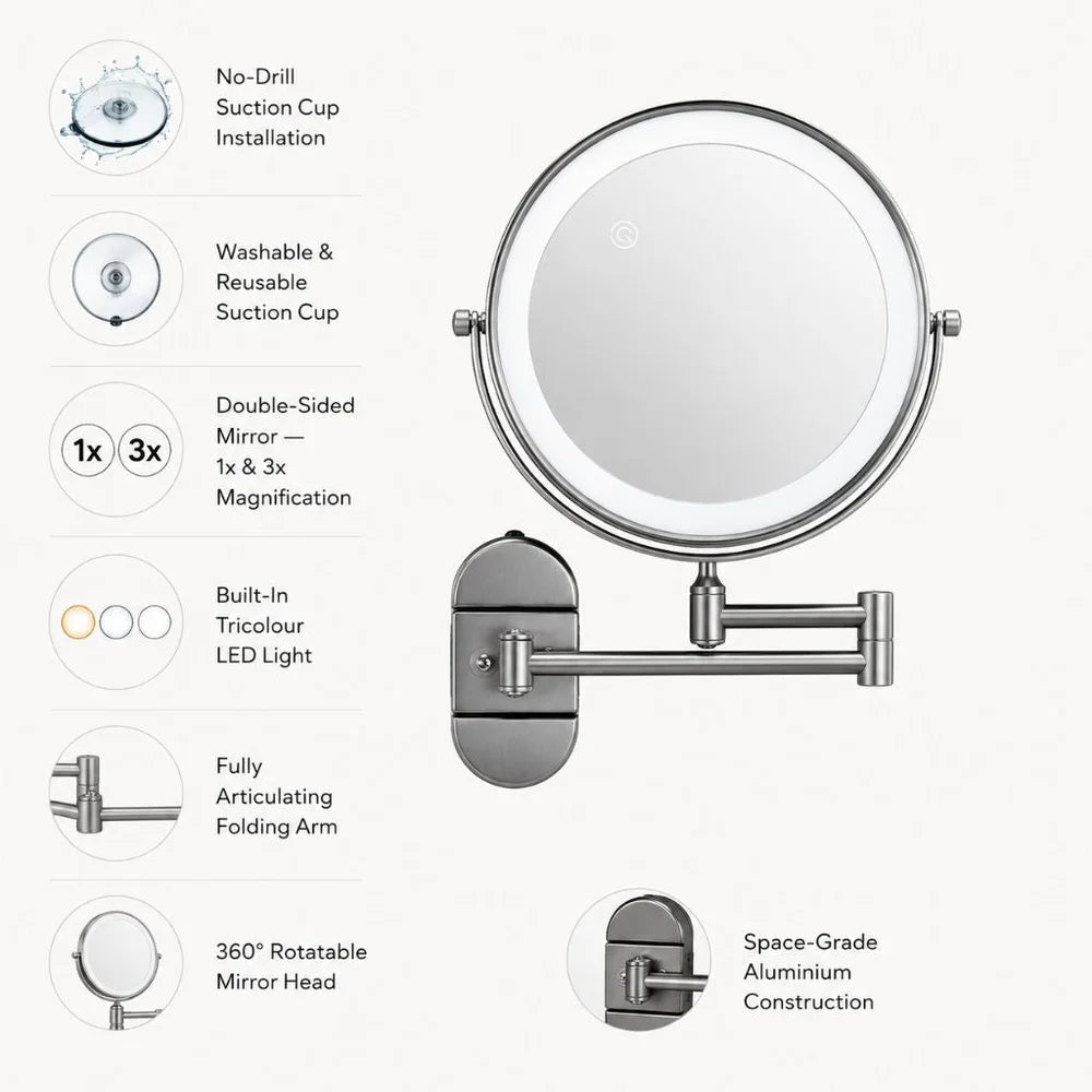 No-drill suction cup makeup mirror led light with folding arm – view 6