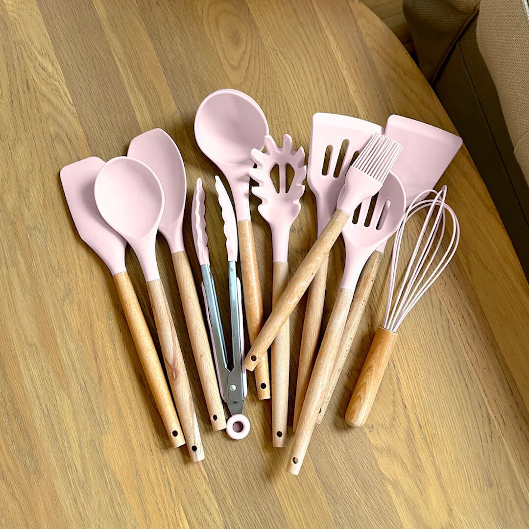 Non - Toxic BPA Free Silicone Cooking Utensil Set with Wooden Handles Lattea - Lattea Global