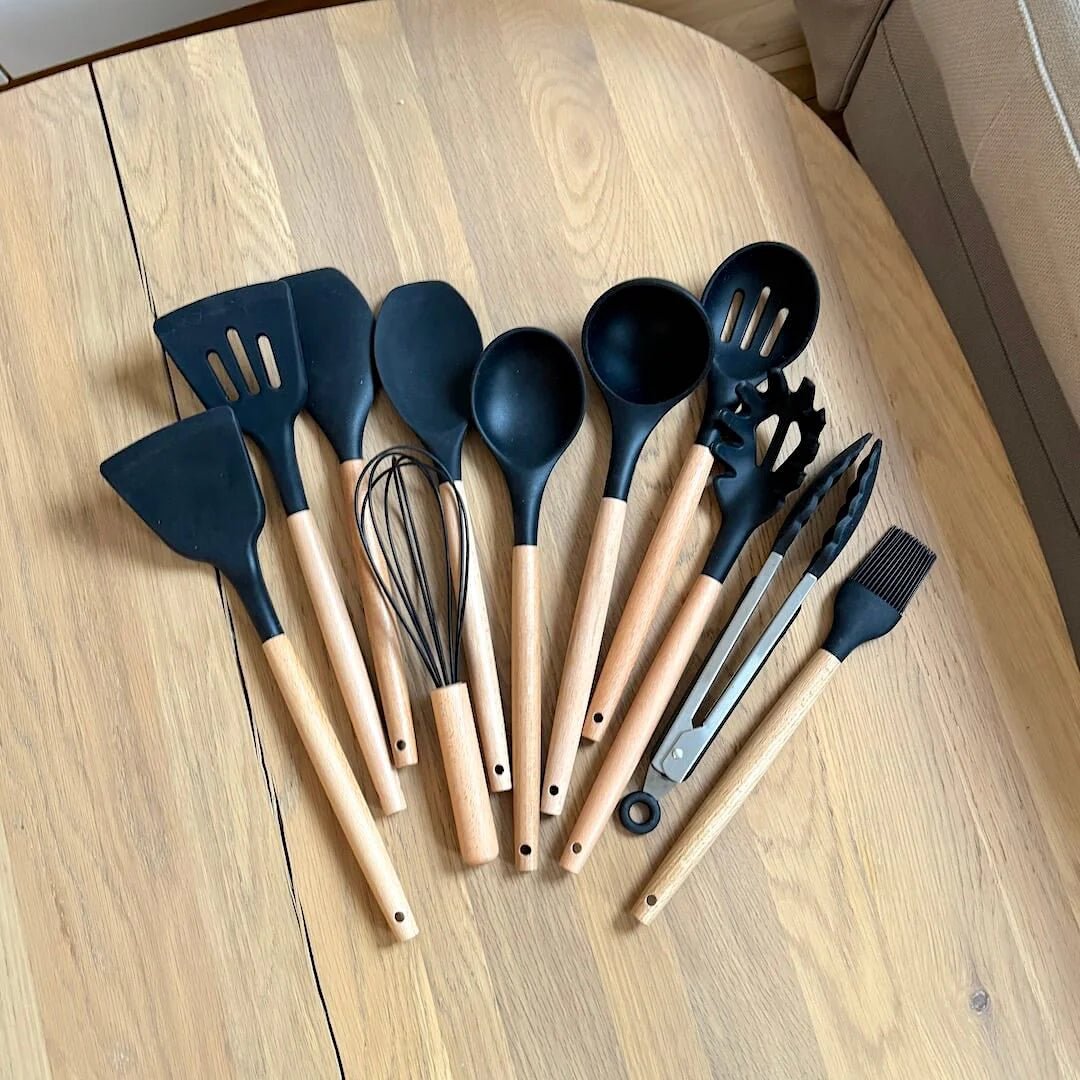 Non - Toxic BPA Free Silicone Cooking Utensil Set with Wooden Handles Lattea - Lattea Global