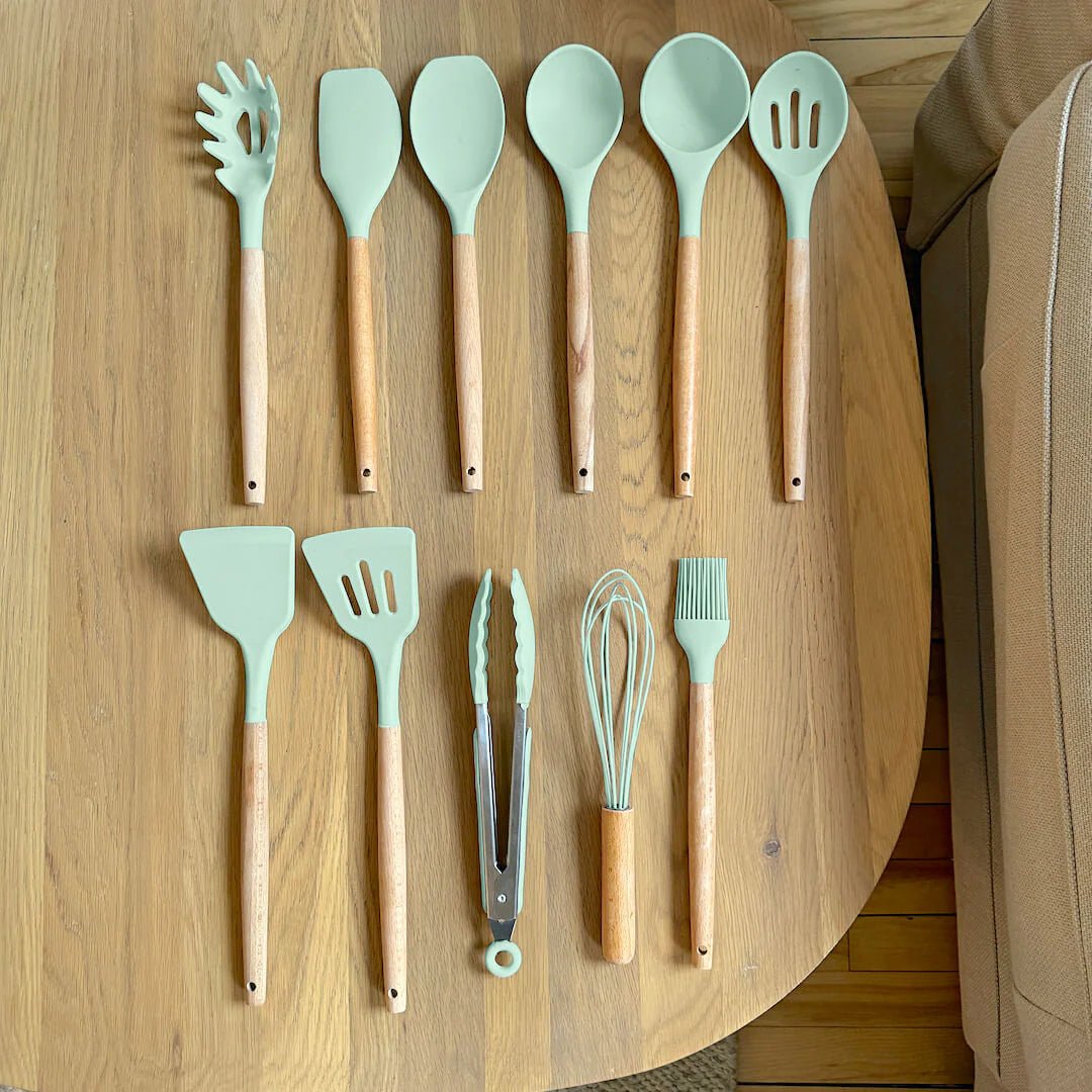 Non - Toxic BPA Free Silicone Cooking Utensil Set with Wooden Handles Lattea - Lattea Global