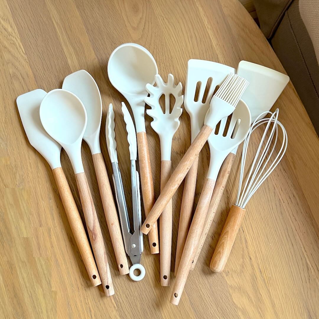 Non-Toxic BPA Free Silicone Cooking Utensil Set with Wooden Handles Lattea