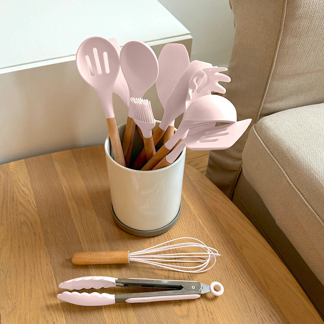 Non-Toxic BPA Free Silicone Cooking Utensil Set with Wooden Handles Lattea