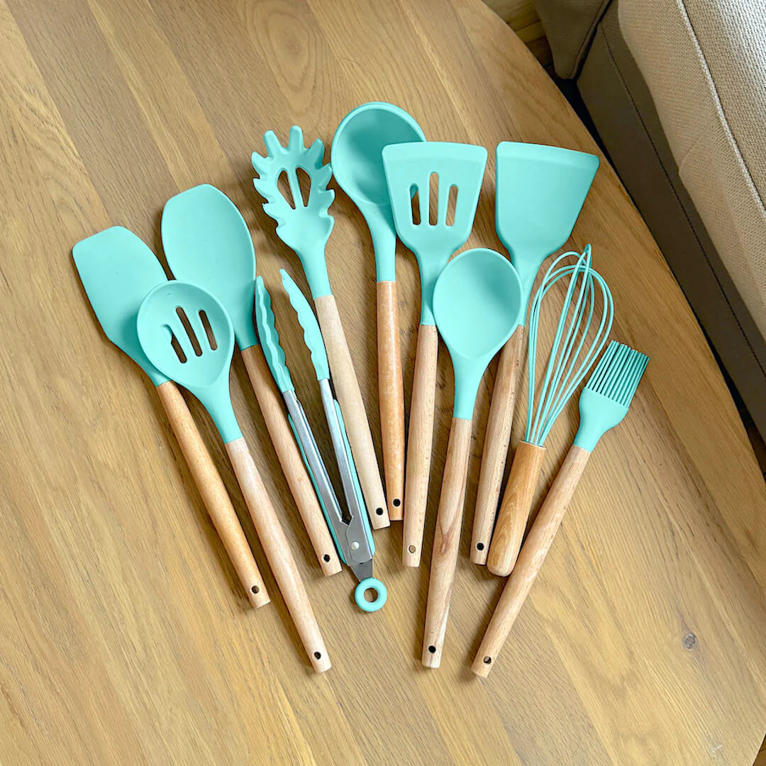 Non-Toxic BPA Free Silicone Cooking Utensil Set with Wooden Handles Lattea