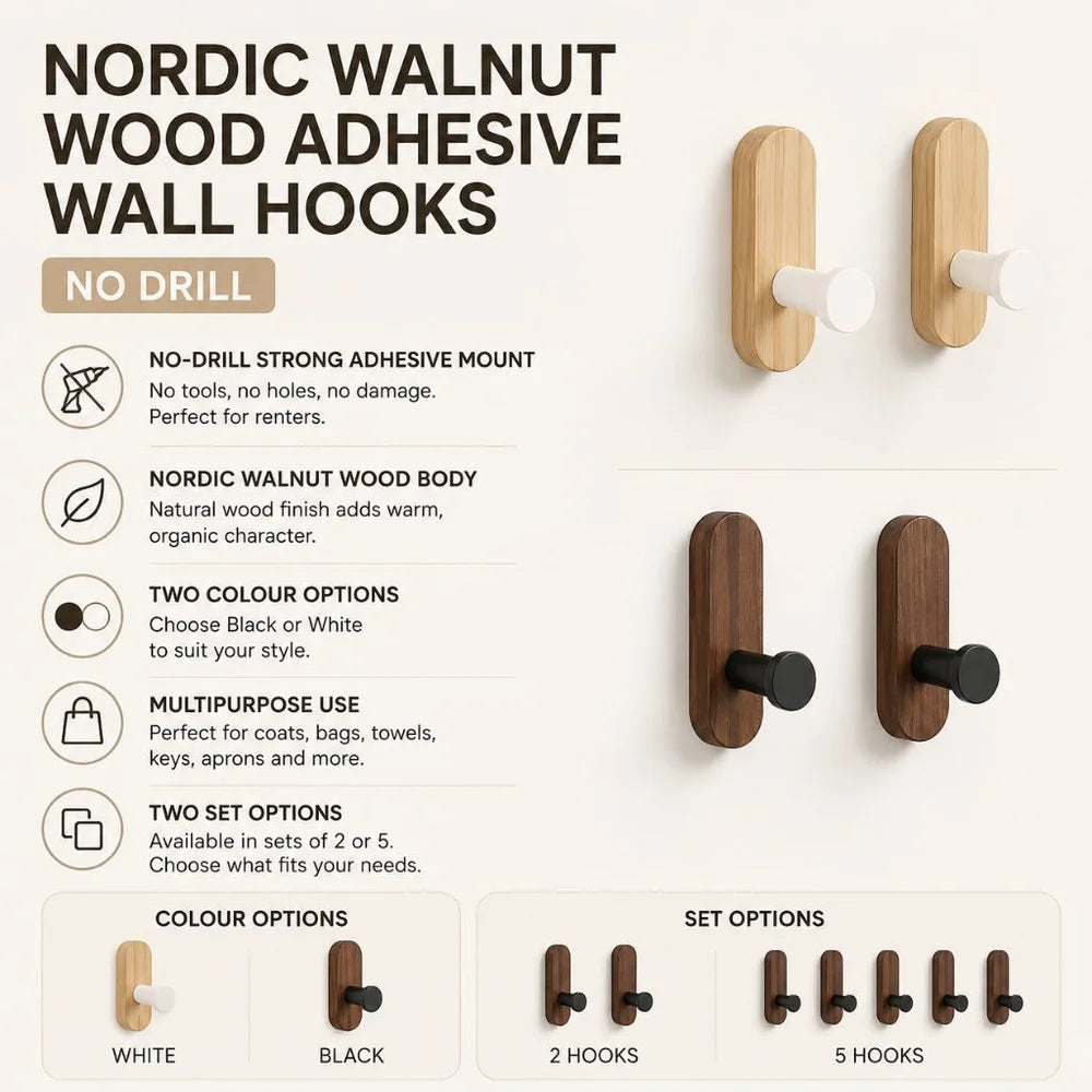 Nordic walnut wood adhesive wall hooks - no drill - view 4