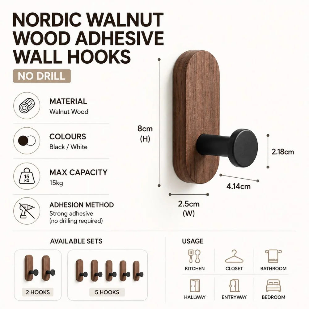 Nordic walnut wood adhesive wall hooks - no drill - view 10