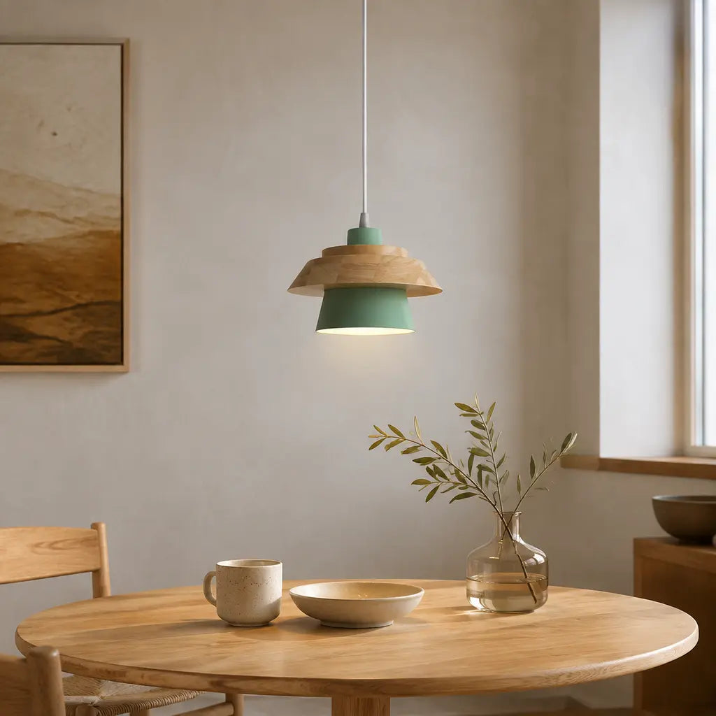 Nordic Iron & Wood Pendant Light in green above a Japandi dining table