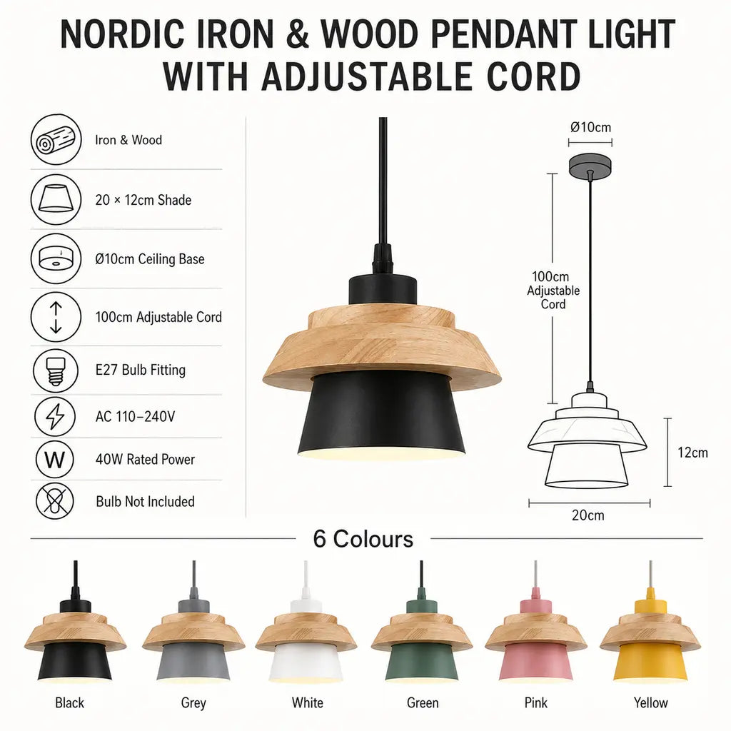 Nordic Iron & Wood Pendant Light specifications and six colours