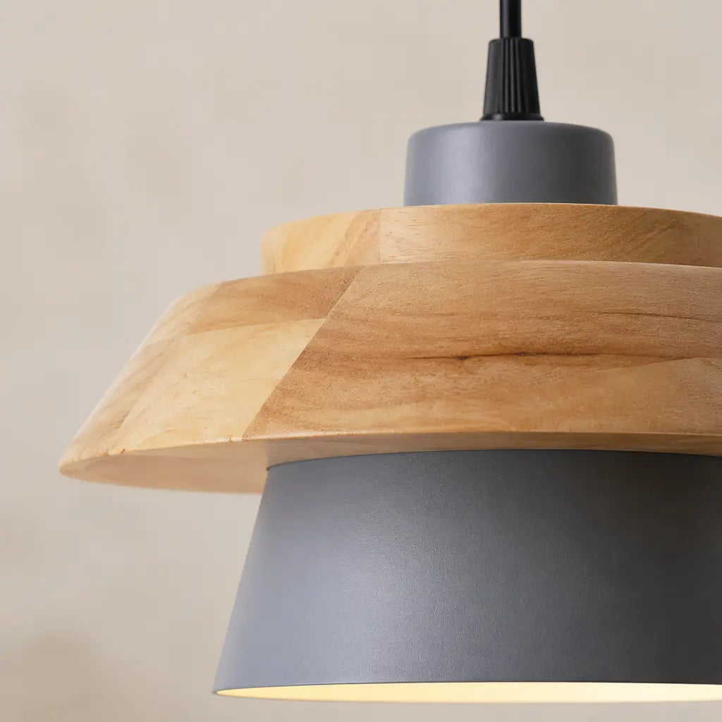 Nordic Iron & Wood Pendant Light wood and grey iron detail