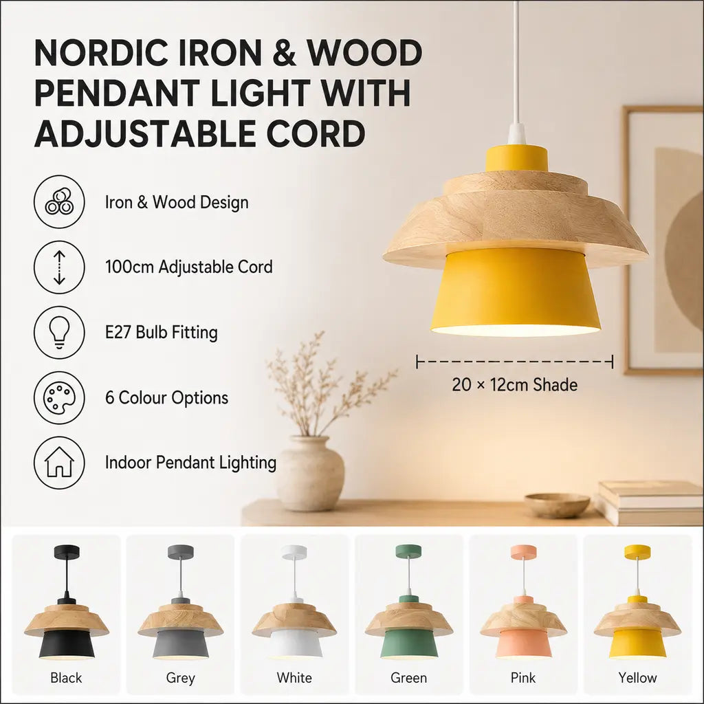 Nordic Iron & Wood Pendant Light benefits and six colours