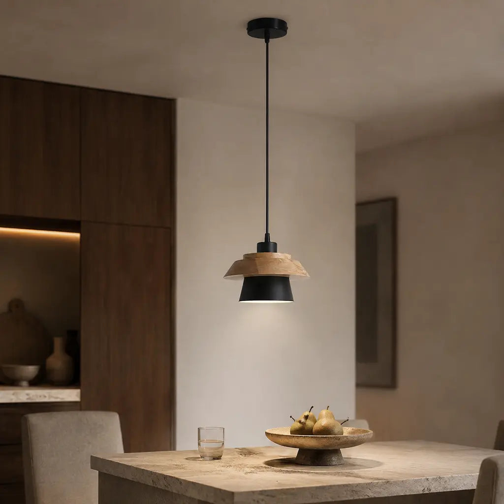 Nordic Iron & Wood Pendant Light in black above a luxury dining table
