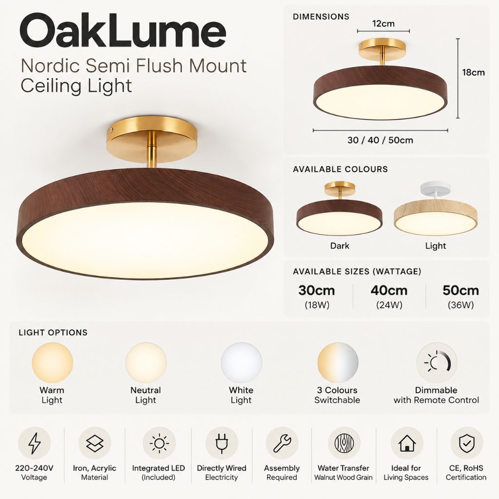 OakLume Nordic Semi Flush Mount Ceiling Light