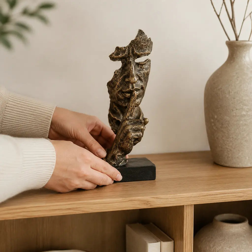 Odin's Faces Silencer sculpture placed on a wooden shelf