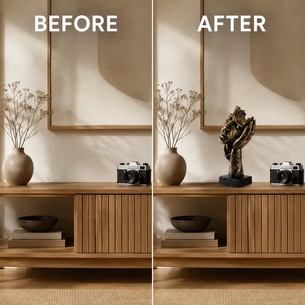 Odin's Faces sculpture before and after console styling