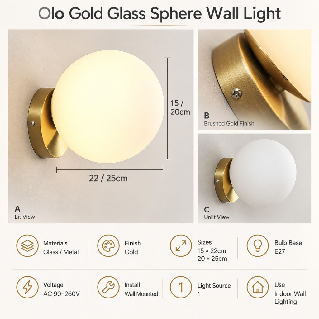 Olo Gold Glass Sphere Wall Light with E27 Fitting