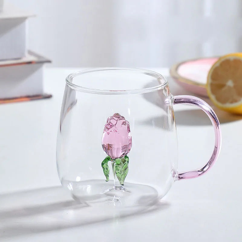 Ornament Base Glass Mug – Artistic Design with Vibrant Handle