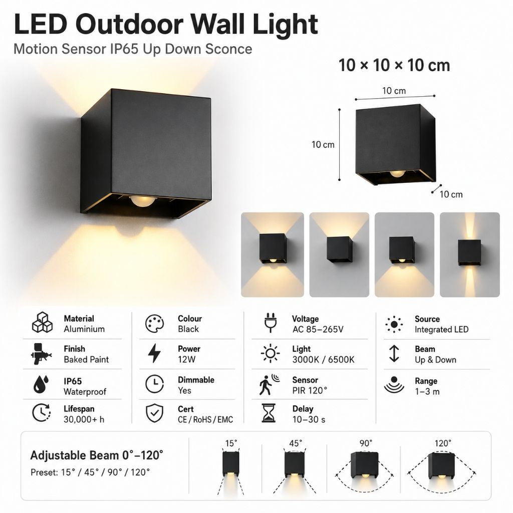 LED Outdoor Wall Light Motion Sensor IP65 Up Down Sconce