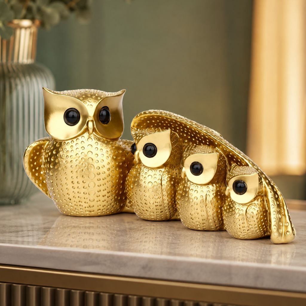 Owl Family Resin Figurine in Gold or Silver Finish