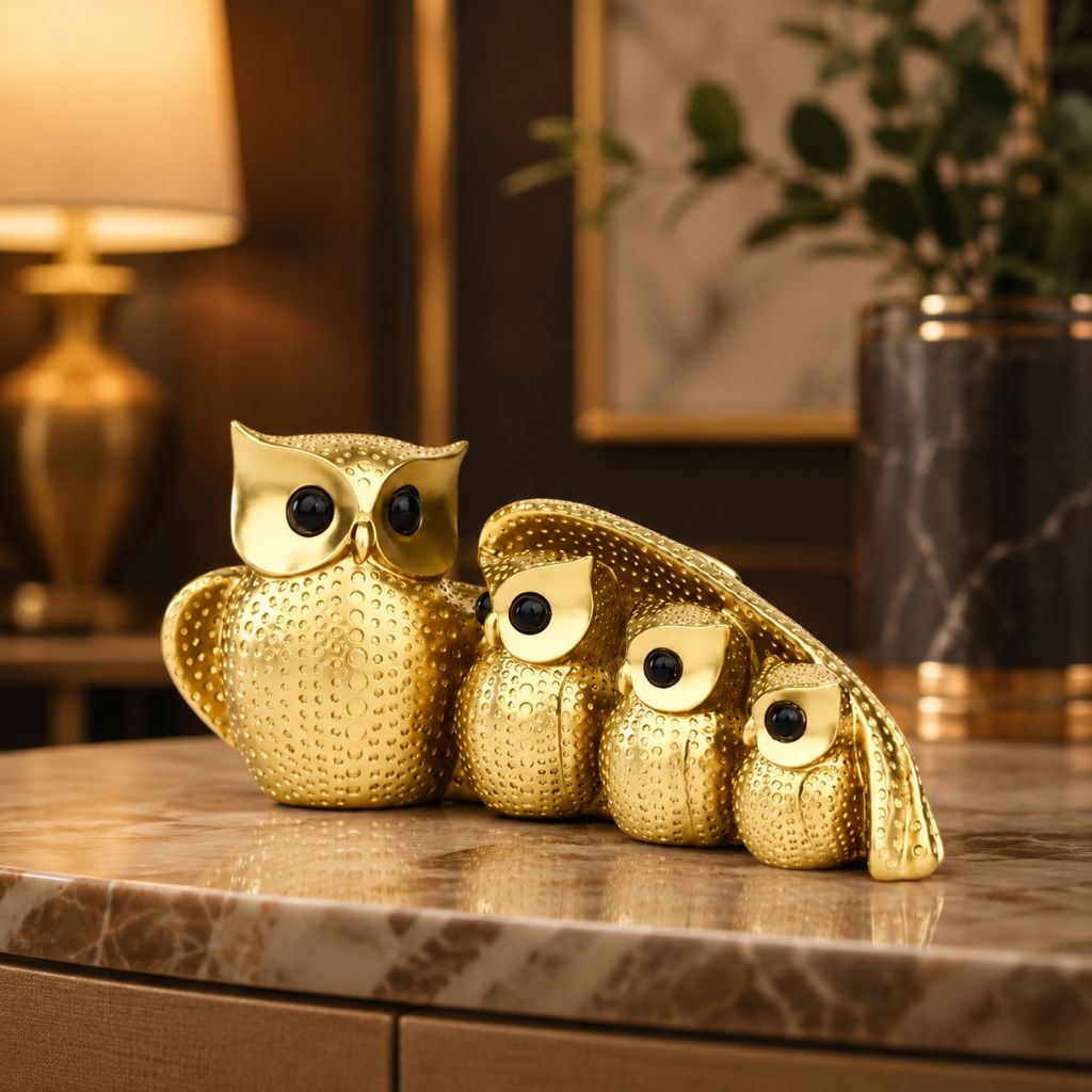 Owl Family Resin Figurine in Gold or Silver Finish