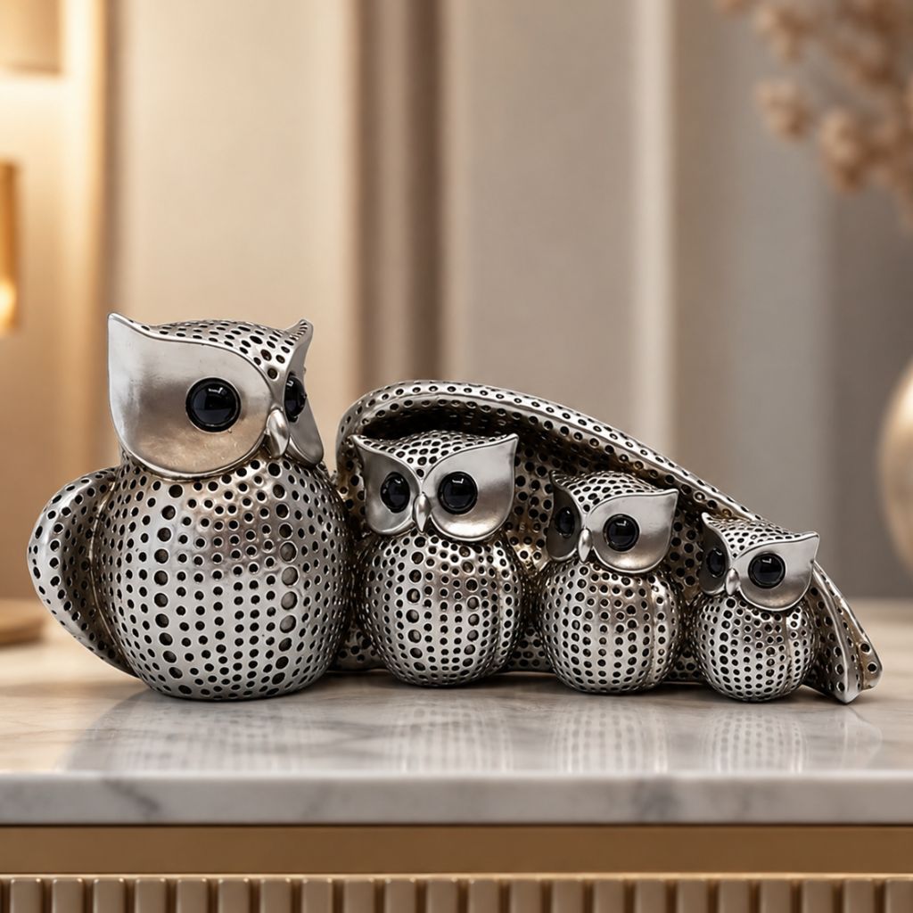 Owl Family Resin Figurine in Gold or Silver Finish
